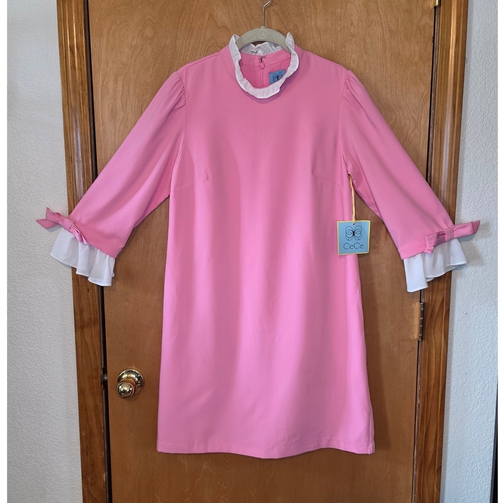 CeCe Mod Shift Dress Womens 10 NWT Pink Ruffle Collar Bow Sleeve Cotton Blend
